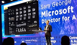 Microsoft&rsquo;s Sam George discusses the company&rsquo;s Azure IoT Edge platform in a presentation at the IoT World conference in Santa Clara. (Photo: Rich Miller)