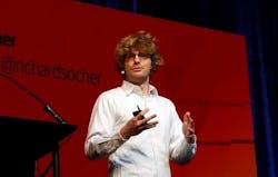 Richard Socher, Chief Scientist at Salesforce, announces the new Einstein suite of AI capabilities. (Photo: Rich Miller) Richard Socher, Chief Scientist at Salesforce, announces the new Einstein suite of AI capabilities. (Photo: Rich Miller)