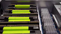 A prototype of the HGX-1 machine learning system on display at the Microsoft booth at the Open Compute Summit. The HGX-1 is a collaboration between Microsoft, NVIDIA and Ingrasys/Foxconn and optimized for cloud AI services. This version uses eight Tesla P100 for PCIe GPUs. (Photo: Rich Miller)