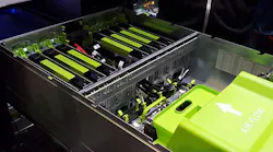A row of eight NVIDIA graphics processing units (GPUs) packed into a Big Sur machine learning server at Facebook’s data center in Prineville, Oregon. (Photo: Rich Miller)