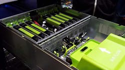 A row of eight NVIDIA graphics processing units (GPUs) packed into a Big Sur machine learning server at Facebook’s data center in Prineville, Oregon. (Photo: Rich Miller) A row of eight NVIDIA graphics processing units (GPUs) packed into a Big Sur machine learning server at Facebook’s data center in Prineville, Oregon. (Photo: Rich Miller)