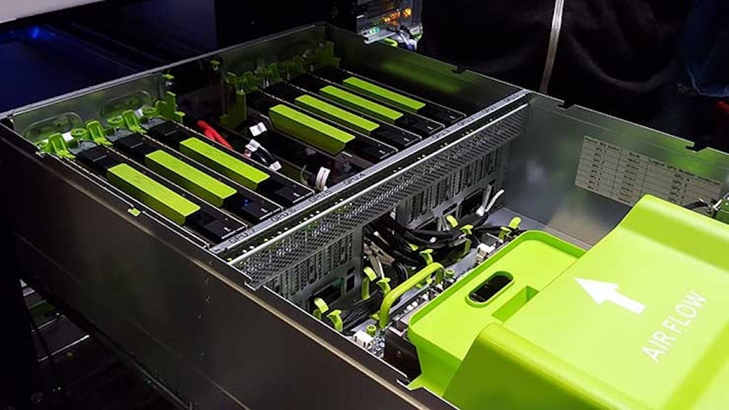 A row of eight NVIDIA graphics processing units (GPUs) packed into a Big Sur machine learning server at Facebook&rsquo;s data center in Prineville, Oregon. (Photo: Rich Miller)