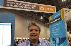 Enzo Greco, VP and General Manager of Data Center Solutions at Vertiv, with the company’s new branding at the Gartner data center conference. (Photo: Rich Miller) Enzo Greco, VP and General Manager of Data Center Solutions at Vertiv, with the company’s new branding at the Gartner data center conference. (Photo: Rich Miller)