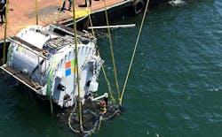 Microsoft’s experimental underwater data center is lowered into the ocean. The company provided an update at the Datacenter Dynamics Enterprise Conference. (Photo: Microsoft Corp.) Microsoft’s experimental underwater data center is lowered into the ocean. The company provided an update at the Datacenter Dynamics Enterprise Conference. (Photo: Microsoft Corp.)