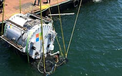 Microsoft&rsquo;s experimental underwater data center is lowered into the ocean. The company provided an update at the Datacenter Dynamics Enterprise Conference. (Photo: Microsoft Corp.)
