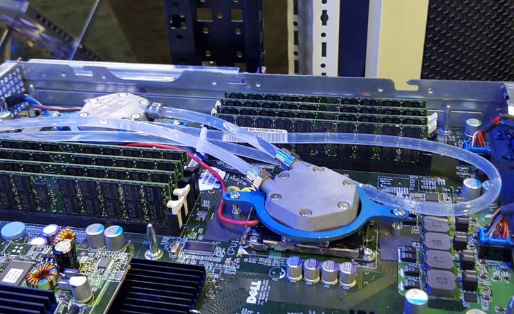 Ebullient Cooling uses a &ldquo;boiling jet&rdquo; module that sits on top of the processors to remove heat. (Photo: Rich Miller)