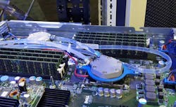 Ebullient Cooling uses a “boiling jet” module that sits on top of the processors to remove heat. (Photo: Rich Miller) Ebullient Cooling uses a “boiling jet” module that sits on top of the processors to remove heat. (Photo: Rich Miller)