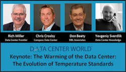 See Data Center Frontier’s Rich Miller, Compass Datacenters’ Chris Crosby, DLB Associates’ Don Beaty and moderator Yevgeniy Sverdlik of Data Center Knowledge for a lively discussion about data center temperature guidelines, and the controversy surrounding the proposed 90.4 standard at Data Center World on March 17, 2016 See Data Center Frontier’s Rich Miller, Compass Datacenters’ Chris Crosby, DLB Associates’ Don Beaty and moderator Yevgeniy Sverdlik of Data Center Knowledge for a lively discussion about data center temperature guidelines, and the controversy surrounding the proposed 90.4 standard at Data Center World on March 17, 2016