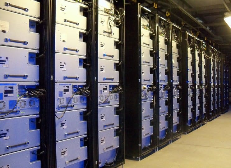 A row of storage units housing Blu-Ray disks inside Facebook&rsquo;s North Carolina data center. (Photo: Rich Miller)