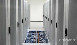 The data hall at Colovore in Santa Clara, with a clear tile displaying the water pipes beneath the raised floor. (Photo: Colovore) The data hall at Colovore in Santa Clara, with a clear tile displaying the water pipes beneath the raised floor. (Photo: Colovore)