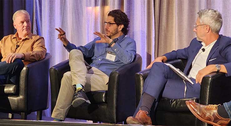 Data center executives (left to right) Dean Nelson from Infrastructrue Masons, Noah Goldstein from Google and Meta&rsquo;s Doug Moutoun at the JLL Data Center Forum in Park City, Utah. (Photo: Rich Miller)