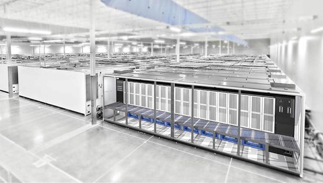 An overhead view of a data hall filled with modules at the IO Phoenix data center. (Image: IO)
