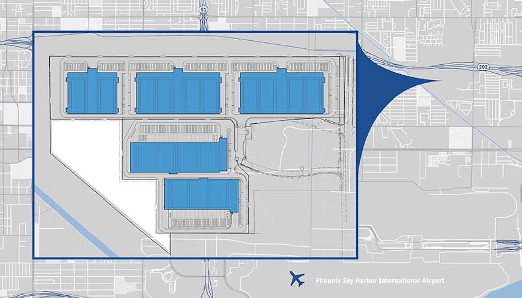 The site plan for the STACK Infrastructure PHXL2 campus in Downtown Phoenix, which will supoirt 5 buildings and 1.8 million square feet of data center development.