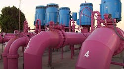 Piping infrastructure supporting a water recycling system used by Amazon Web Services data centers in Silicon Valley. Piping infrastructure supporting a water recycling system used by Amazon Web Services data centers in Silicon Valley.