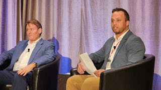 Andy Cvengros, Managing Director for JLL Chicago (right) makes a point during a panel discussion at the recent JLL Data Center Summit. At left is Chris Street, Managing Director for JLL in Singapore.