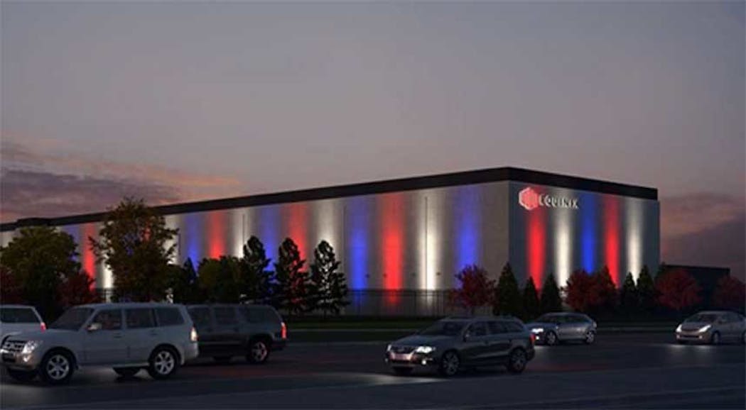 An illustration of how colored LED lighting will add visual appeal to an Equinix data center in Ashburn, Virginia.