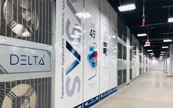 A row of Delta Cube cooling units in a data hall inside an Aligned Data Centers facility.