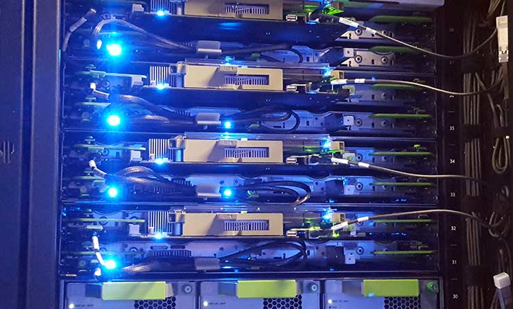 A rack of servers inside a Facebook data center.