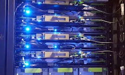 A rack of servers inside a Facebook data center.