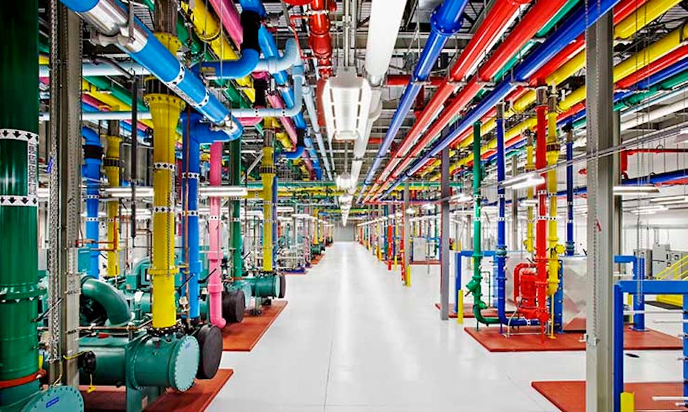 Large water pipes supporting the cooling system at a Google data center.