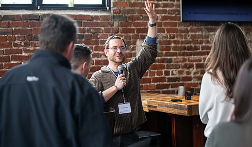 Bill Kleyman, Chairperson of the Millennial/GenZ Member Resource Group for Infrastructure Masons, takes an audience survey during the iMasons' recent leadership summit.