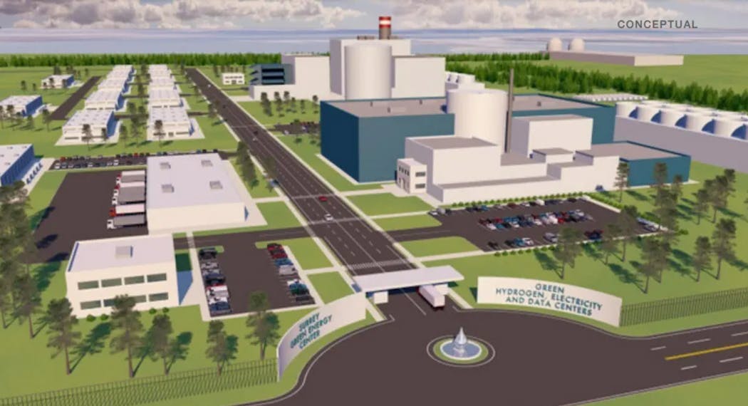 A n illustration of Green Energy Partners&apos; planned data center and energy campus near the Surry Nuclear Power Station in Southeastern Virginia.