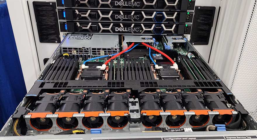 Lots of liquid cooling equipment was on display at Data Center World 2023 in Austin, including this demo of ZutaCore liquid cooling solution using dielectric fluid, integrated inside a 45U Chatsworth Products Zetaframe cabinet system.