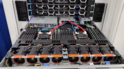 Lots of liquid cooling equipment was on display at Data Center World 2023 in Austin, including this demo of ZutaCore liquid cooling solution using dielectric fluid, integrated inside a 45U Chatsworth Products Zetaframe cabinet system.
