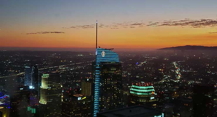 The Los Angeles skyline at sunset.