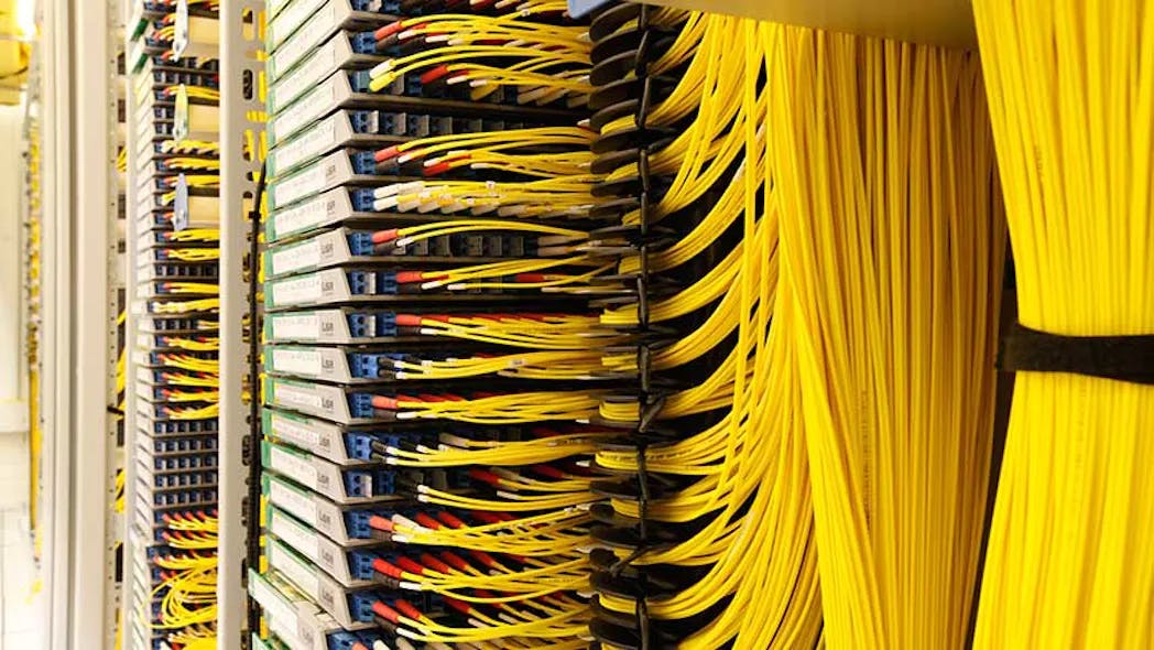 Dense network cabling inside an Equinix interconnection facility.
