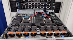 A close-up of a demo at Data Center World 2023 of a ZutaCore liquid cooling system using a cold plate and two-phase immersion to cool the processor. The system is housed in a 45U Chatsworth Products Zetaframe cabinet system. A close-up of a demo at Data Center World 2023 of a ZutaCore liquid cooling system using a cold plate and two-phase immersion to cool the processor. The system is housed in a 45U Chatsworth Products Zetaframe cabinet system.