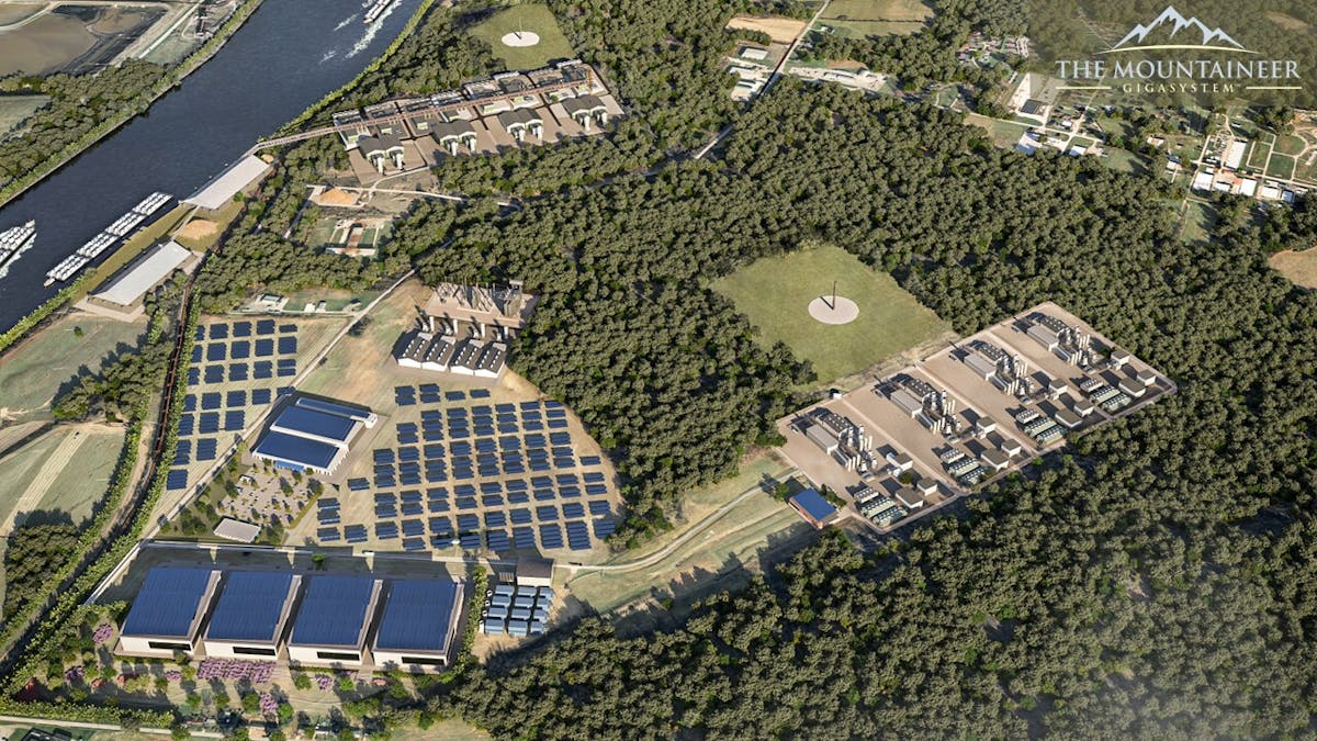 Rendering of the proposed Mountaineer GigaSystem by Fidelis New Energy, LLC, including hyperscale, carbon neutral data centers providing for both production and consumption of lifecycle net zero hydrogen.