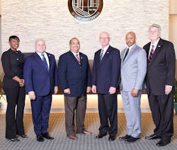 Portrait of Fayetteville City Council members. (L-R) Niyah Glover (mayor pro tem), Joe Clark, Mayor Edward Johnson, Scott Stacy, Darryl Langford and Rich Hoffman.