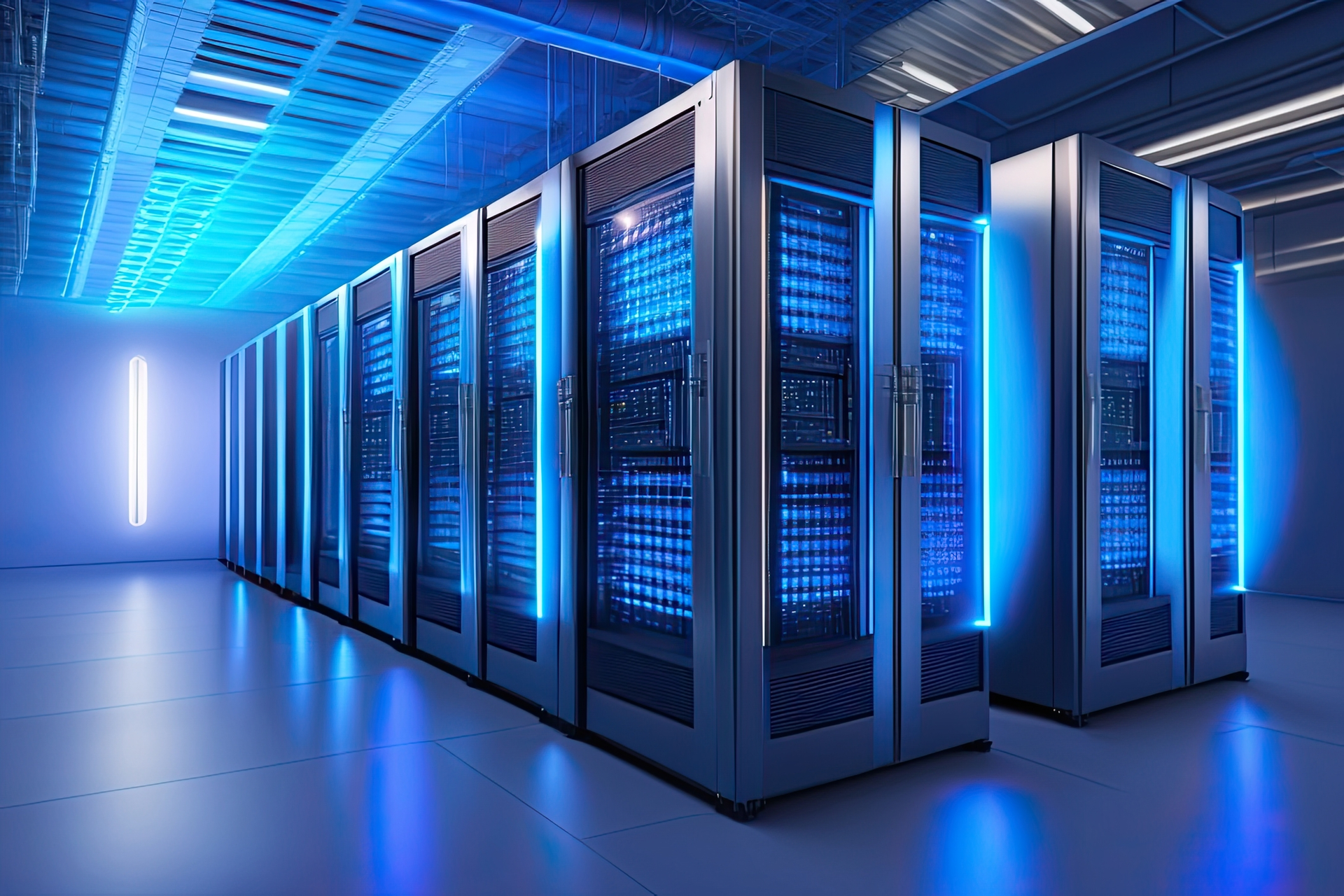 Generative AI rendering of a high-density data center hall.