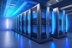 Generative AI rendering of a high-density data center hall. Generative AI rendering of a high-density data center hall.