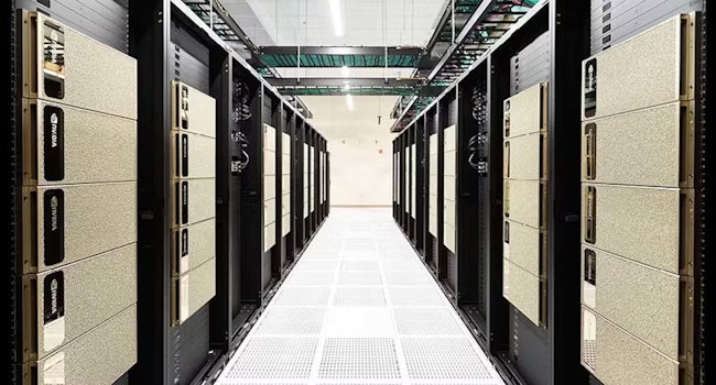 Data center rows filled with NVIDIA DGX 'supercomputer in a box' systems for artificial intelligence (AI) workloads.