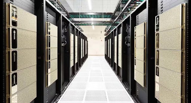 Data center rows filled with NVIDIA DGX &apos;supercomputer in a box&apos; systems for artificial intelligence (AI) workloads.