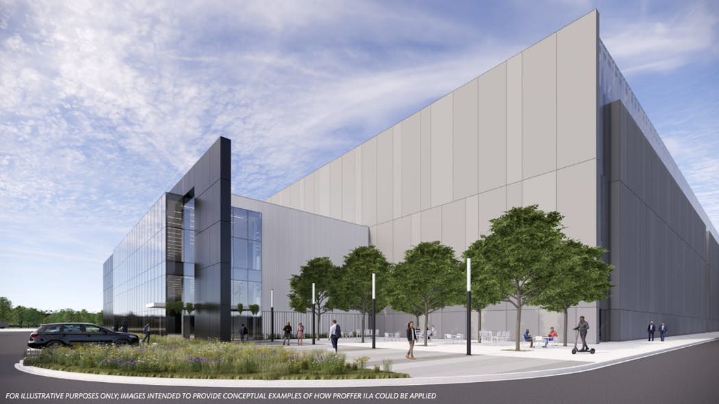 An illustration showing what a data center building in the proposed Belmont Innovation Campus could look like.