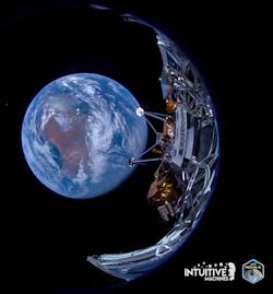 The Odysseeus lander’s feet are shown, with the earth in the background. The Odysseeus lander’s feet are shown, with the earth in the background.