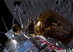 Odysseus lander in orbit above the moon, with the moon in the background. Odysseus lander in orbit above the moon, with the moon in the background.