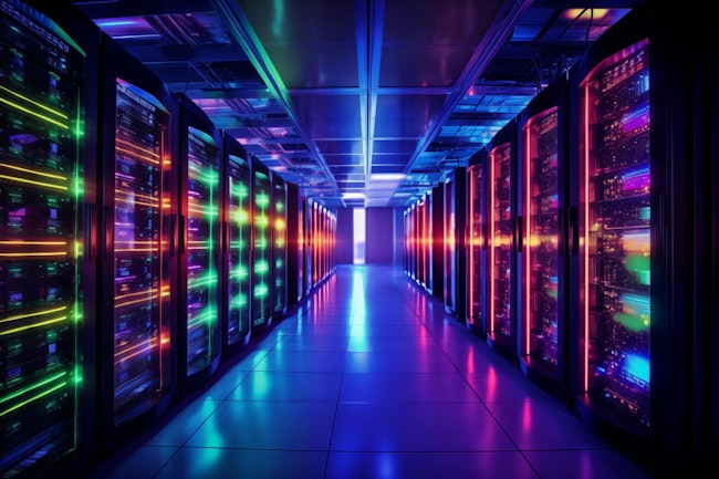 Generative AI rendering of modern data center server racks for cloud computing.