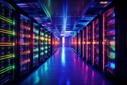 Generative AI rendering of modern data center server racks for cloud computing. Generative AI rendering of modern data center server racks for cloud computing.