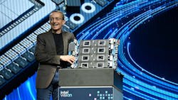 Intel CEO Pat Gelsinger with a blade of Gaudi 3 AI accelerators, at the Intel Vision 2024 Conference.