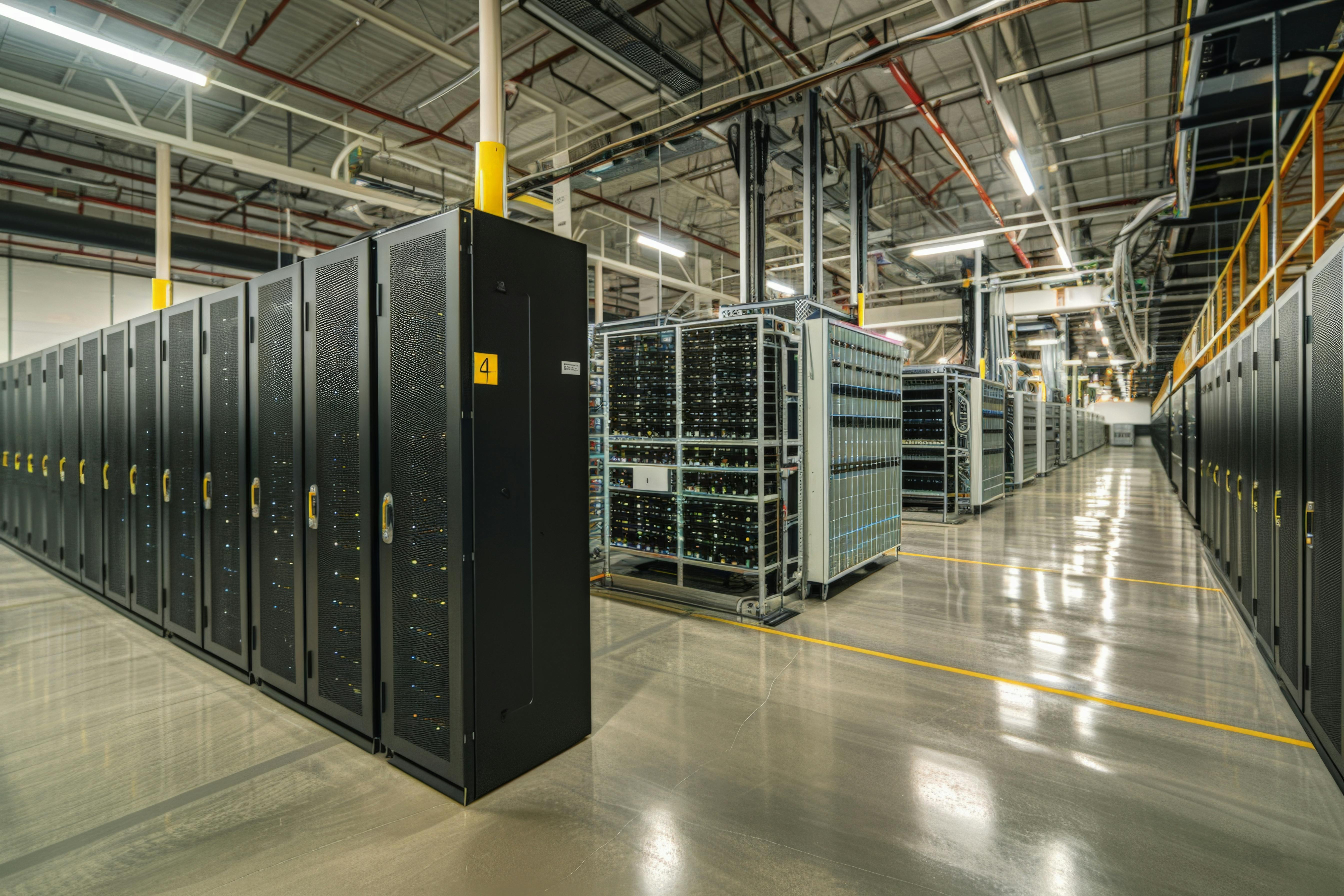 Rows of servers fill a gigantic hall in this AI-generated rendering of a data center.
