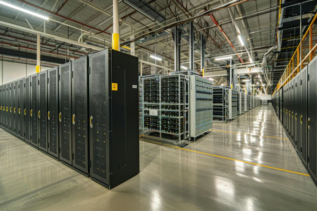Rows of servers fill a gigantic hall in this AI-generated rendering of a data center.