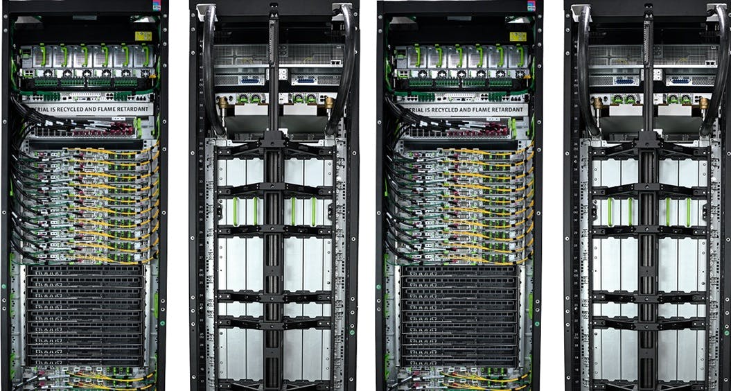 Catalina front view (left) and rear view (right). An open architecture for meeting the growing demand for AI infrastructure, Catalina is Meta's new high-powered rack designed for AI workloads. Based on the NVIDIA Blackwell platform full rack-scale solution with a focus on modularity and flexibility, Catalina is built to support the latest NVIDIA GB200 Grace Blackwell Superchip.
