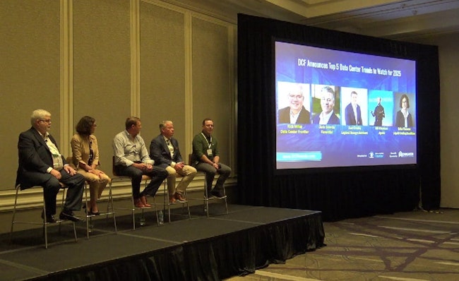 (L to R) DCF Founder Rich Miller; Liquid Cooling Coalition Exec. Director Erica Thomas; Legend Energy Advisors CEO Dan Crosby; Flexential CEO Chris Downie; Apolo CEO Bill Kleyman