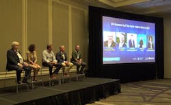 (L to R) DCF Founder Rich Miller; Liquid Cooling Coalition Exec. Director Erica Thomas; Legend Energy Advisors CEO Dan Crosby; Flexential CEO Chris Downie; Apolo CEO Bill Kleyman (L to R) DCF Founder Rich Miller; Liquid Cooling Coalition Exec. Director Erica Thomas; Legend Energy Advisors CEO Dan Crosby; Flexential CEO Chris Downie; Apolo CEO Bill Kleyman