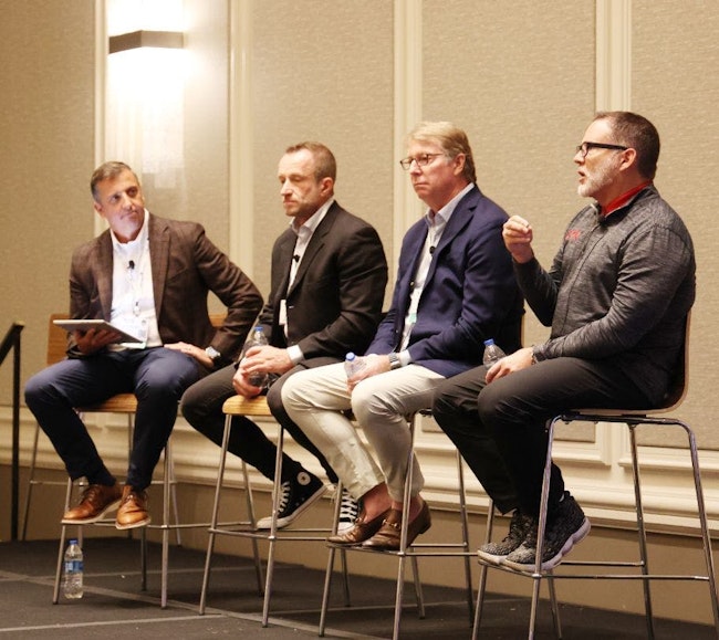 (L to R) Scott Bergs, DF&I; Jeff Wabik, DC BLOX; Scott Willis, Dartpoints; Brett Lindsey, ark data centers present on a panel at the inaugural Data Center Frontier Trends Summit, held Sept. 4-6, 2024 in Reston, Virginia.