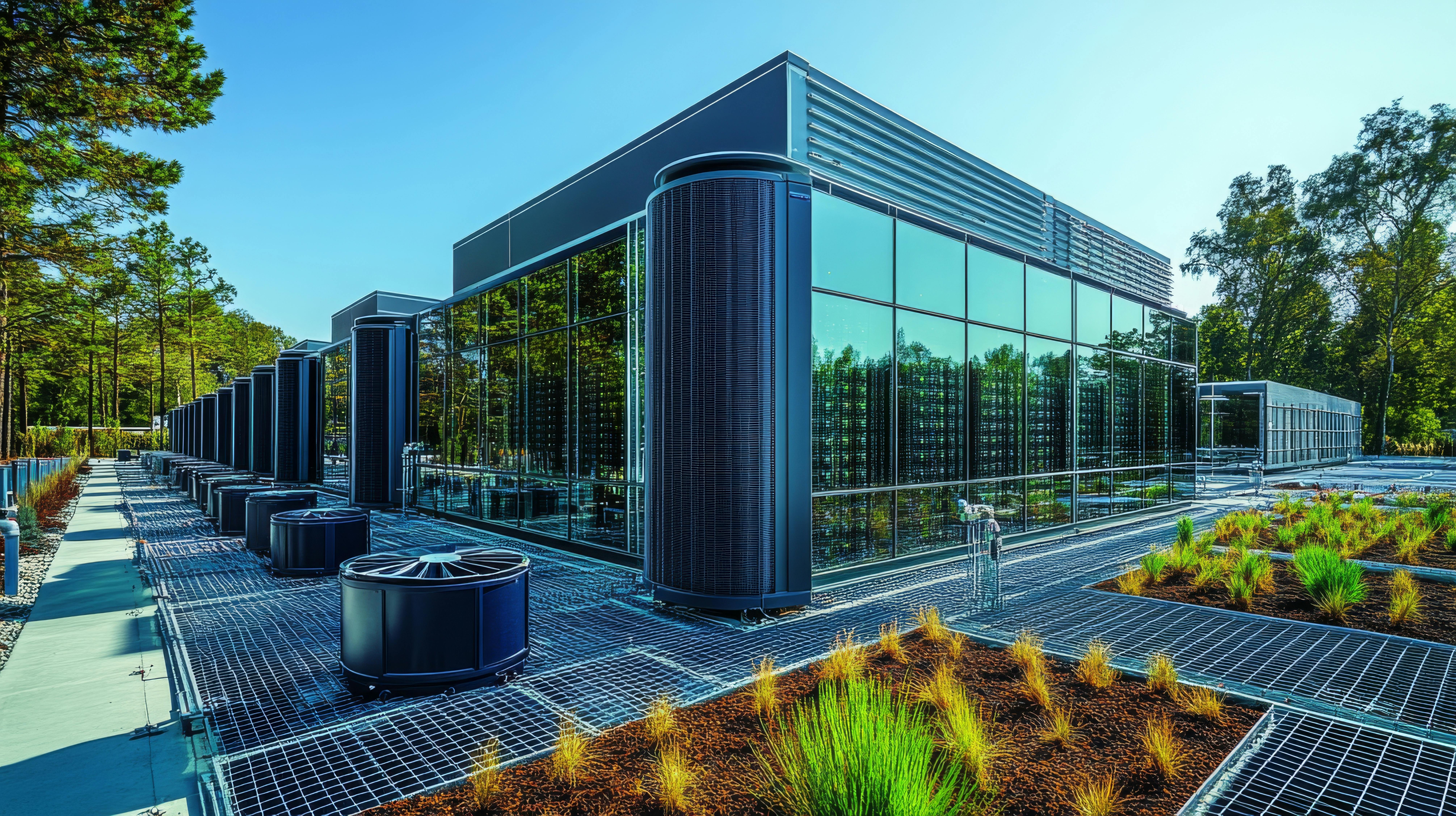 An AI-generated rendering of a 'renewable energy powered data center surrounded by green landscaping in a sustainable facility.'